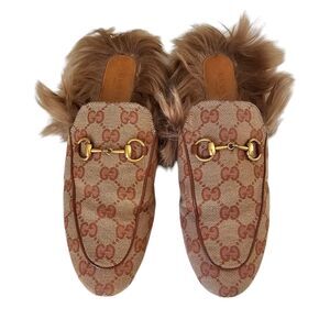 Gucci GG Monogram Princetown Horsebit Fur Lined Mule Flat Size 37.5 Beige Brown